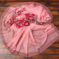 Organza Saree with Lace Border and Embroidery Work with Dashing Silk Blouse - Colorful Saree