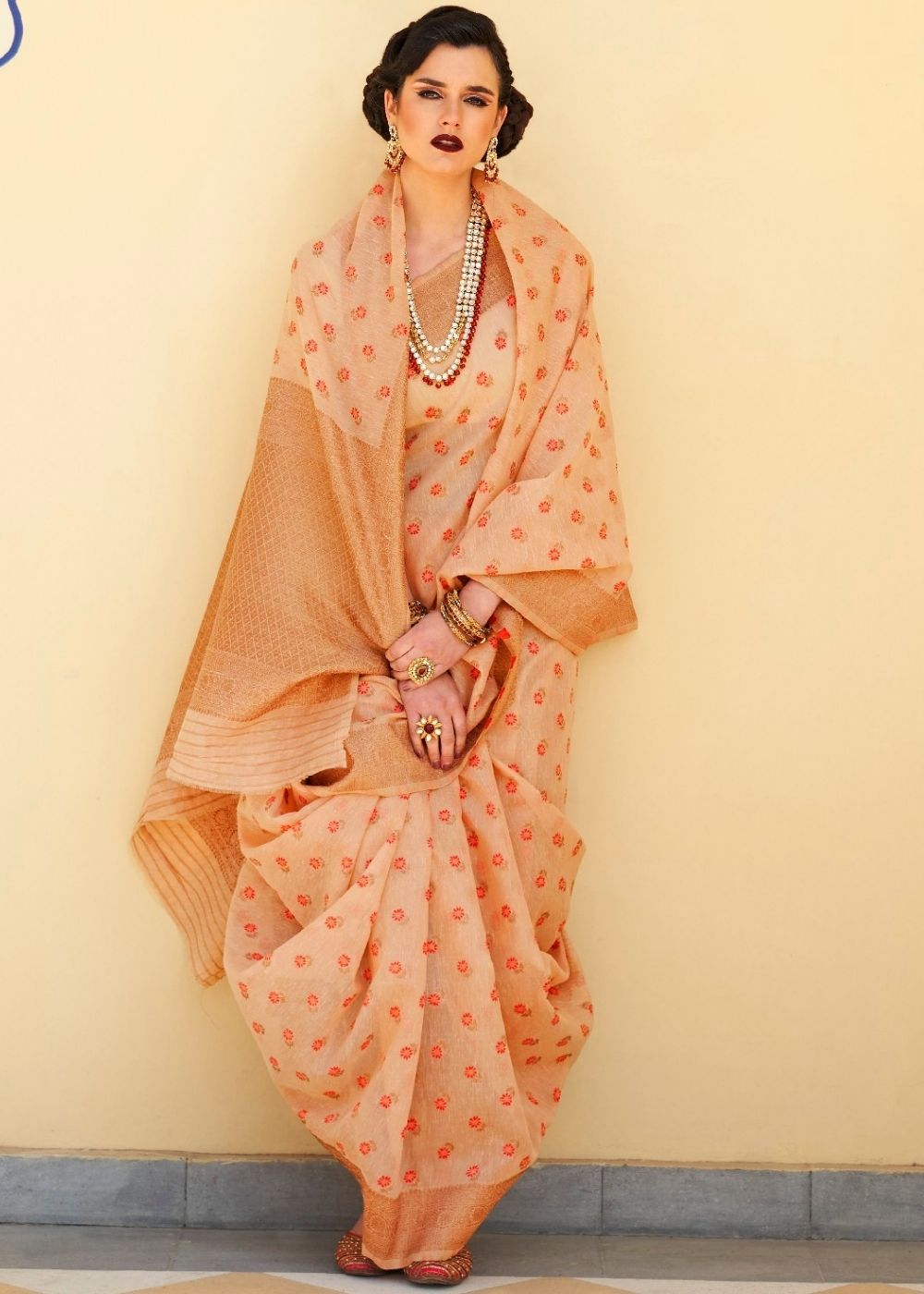 Cantaloupe Orange Pure Linen Woven Silk Saree with Zari work on Border and Pallu - Colorful Saree
