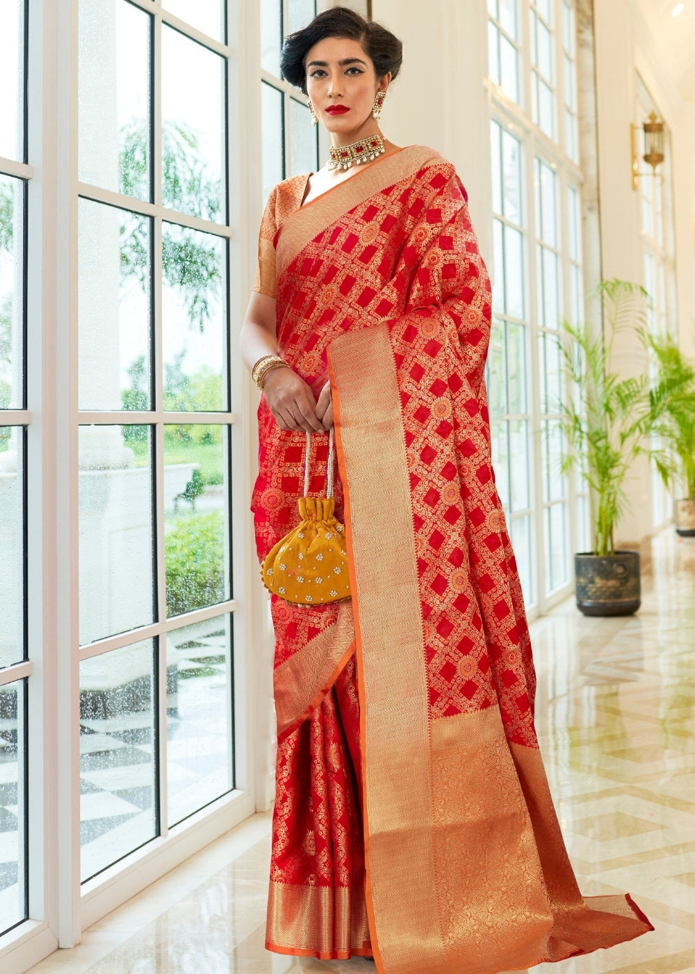 Red Patola Silk Saree with Golden Border - Colorful Saree