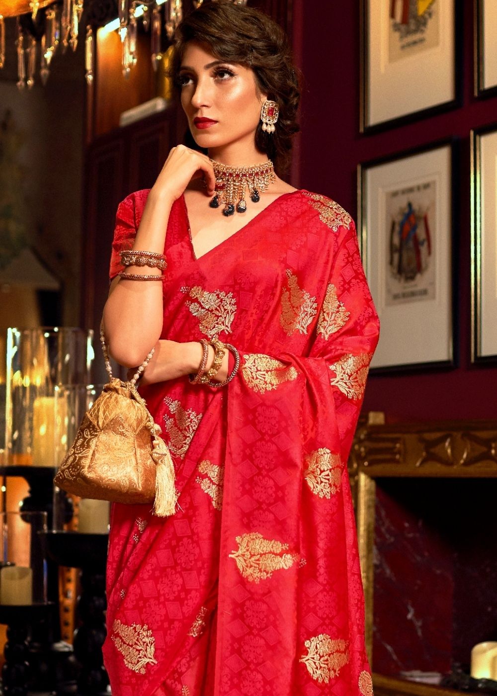 Scarlet Red Satin Woven Silk Saree with overall Golden Buti - Colorful Saree