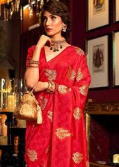 Scarlet Red Satin Woven Silk Saree with overall Golden Buti - Colorful Saree
