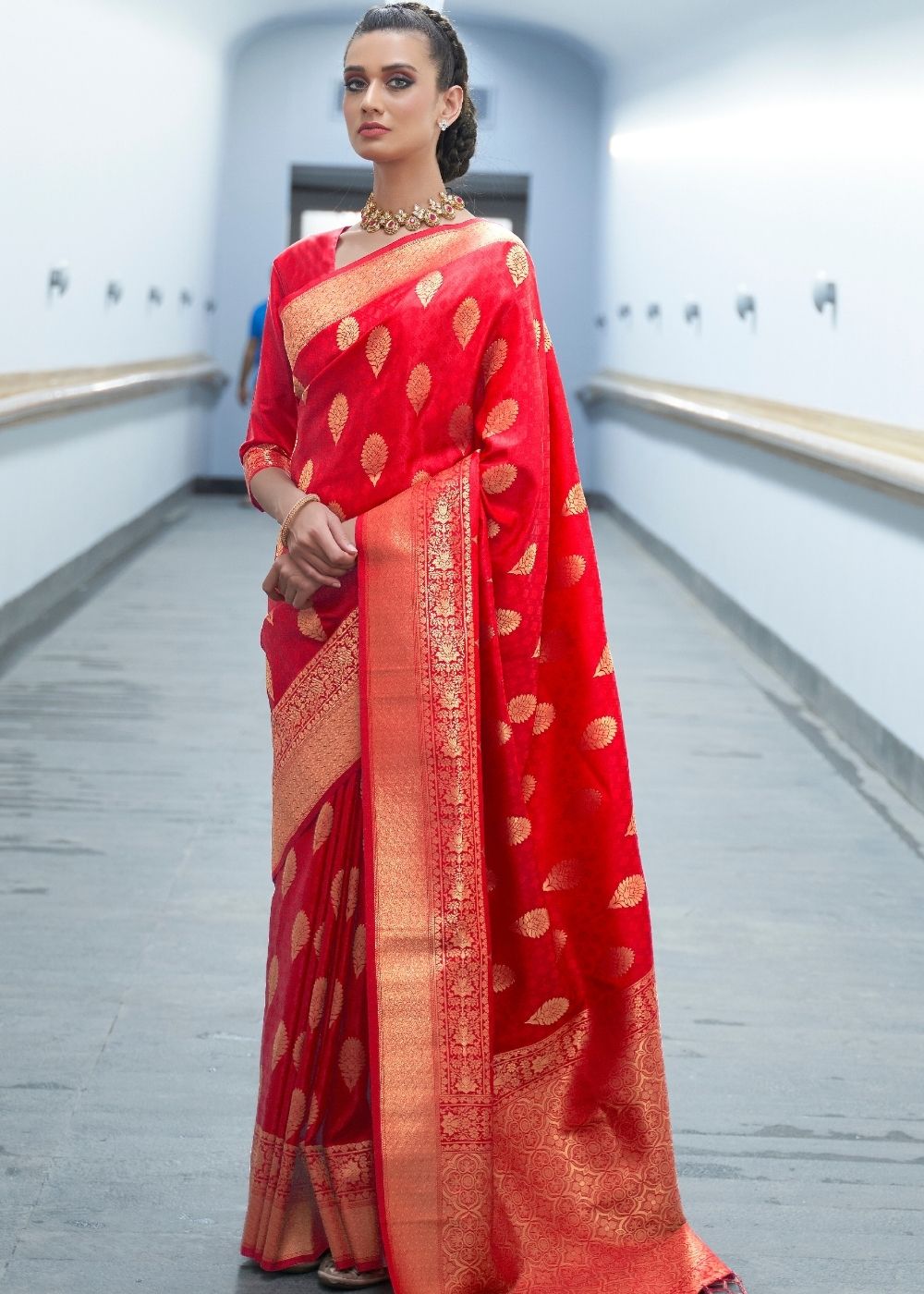 Crimson Red Woven Banarasi Silk Saree with overall Butti - Colorful Saree