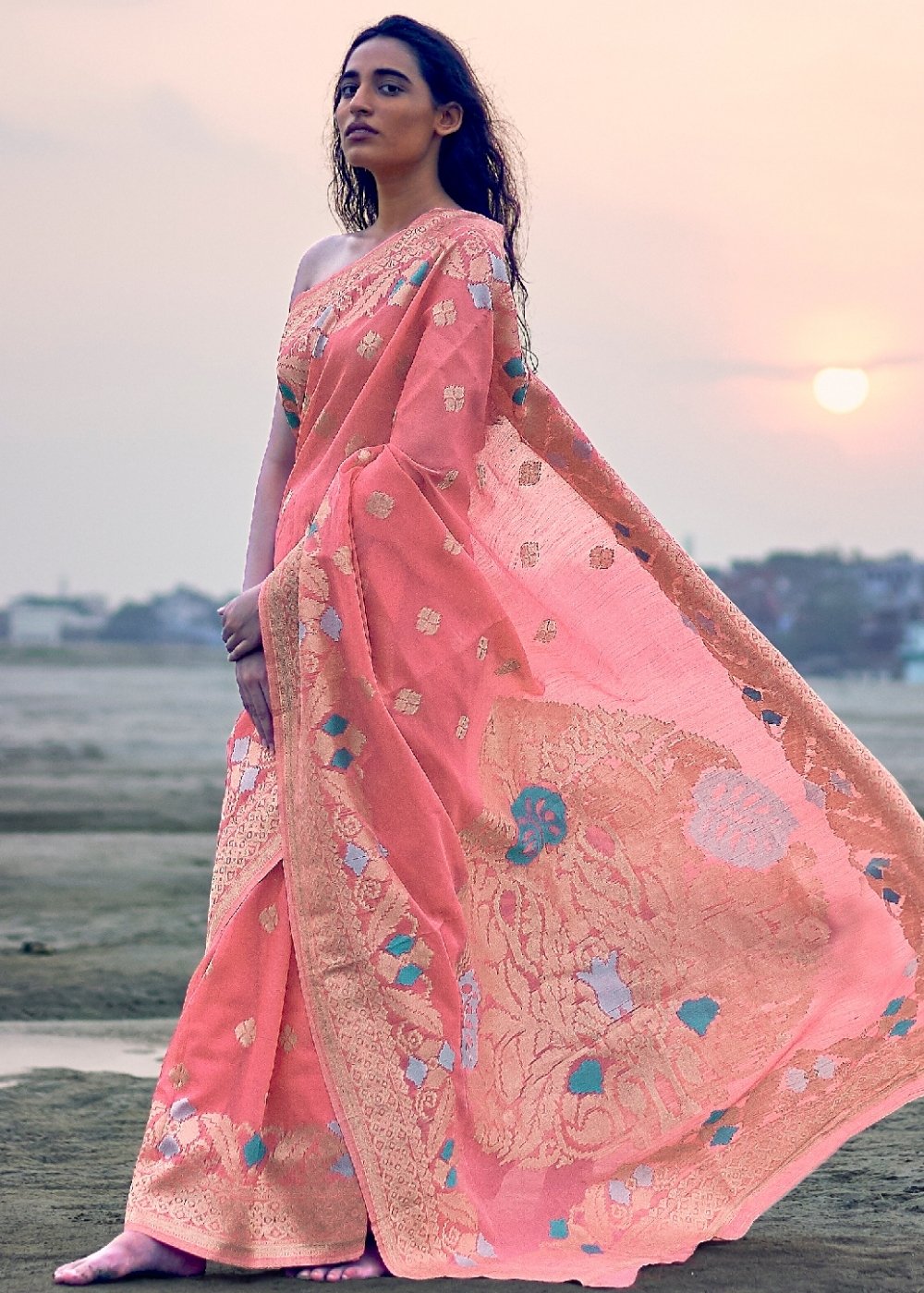 Punch Pink Woven Linen Silk Saree with Floral Motif on Pallu and Border - Colorful Saree