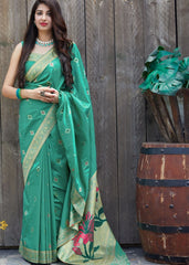 Green Silk Saree with Golden Zari Border - Colorful Saree