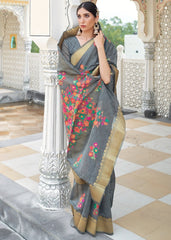 Iron Grey Floral Embroidered Linen Silk Saree - Colorful Saree