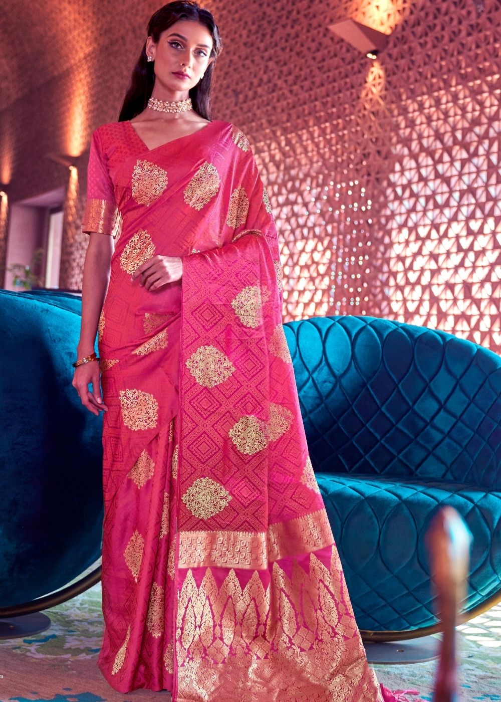 Hot Pink Satin Silk Saree with overall Golden Butti - Colorful Saree