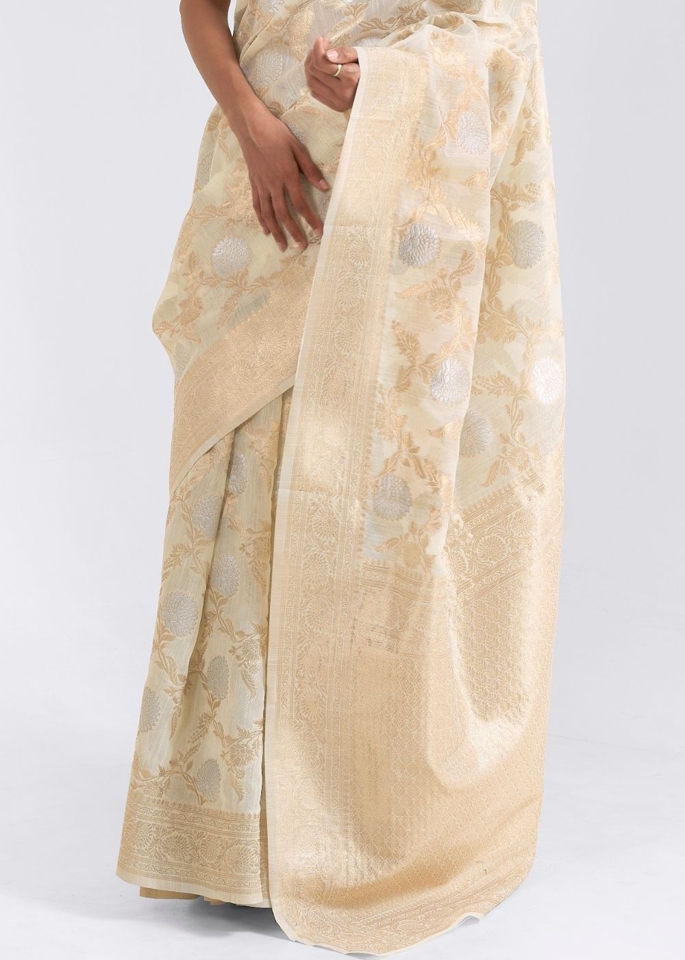 Ivory White Zari Woven Linen Silk Saree - Colorful Saree