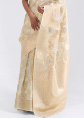 Ivory White Zari Woven Linen Silk Saree - Colorful Saree