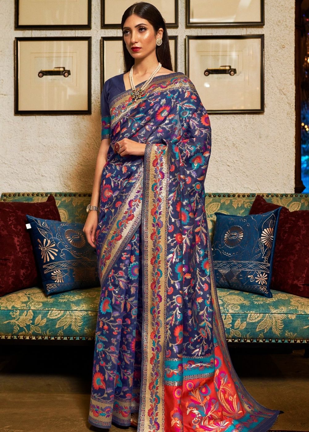 Space Blue Banarasi Jamawar Woven Silk Saree : Top Pick - Colorful Saree