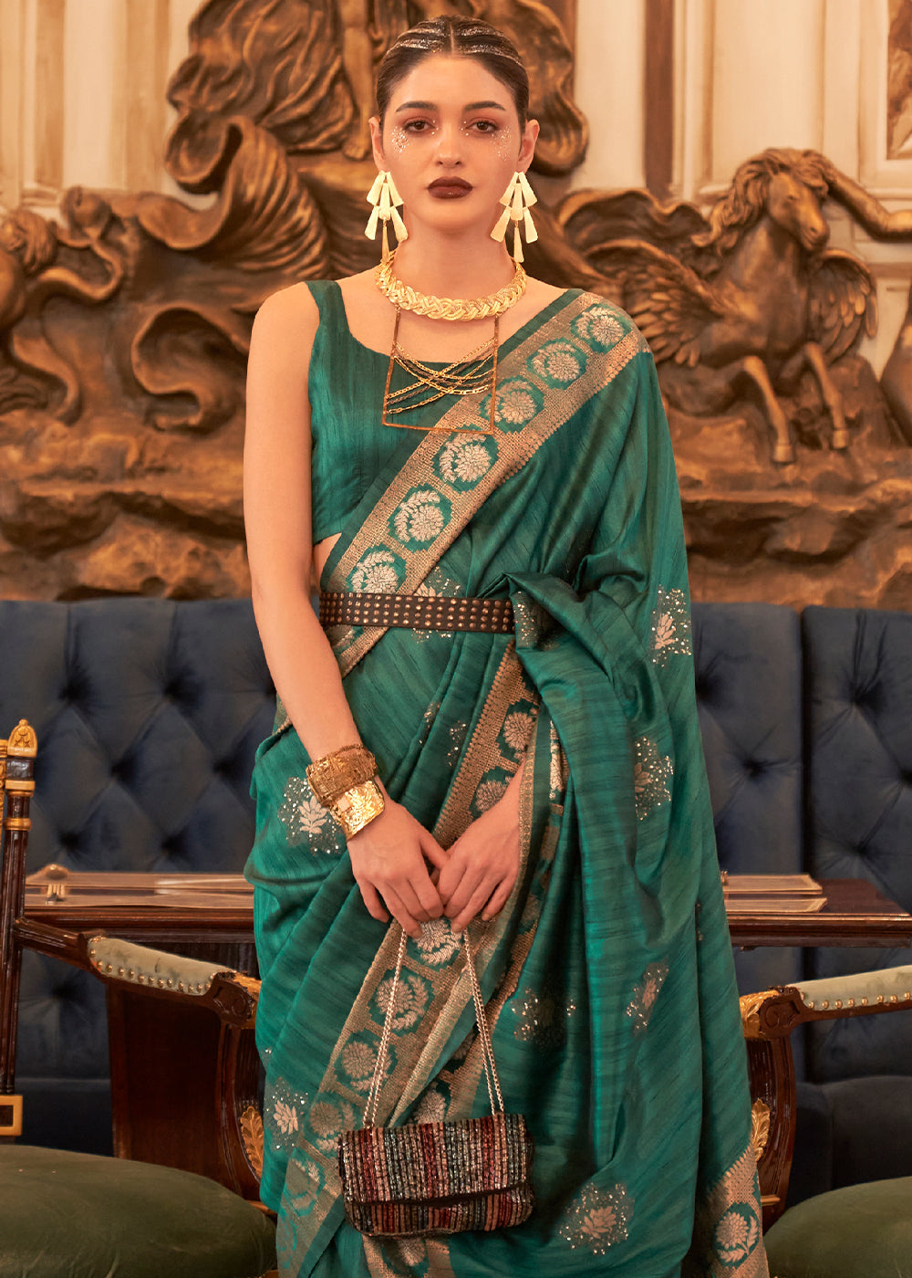 Castleton Green Woven Tussar Silk Saree with Sequins Work - Colorful Saree