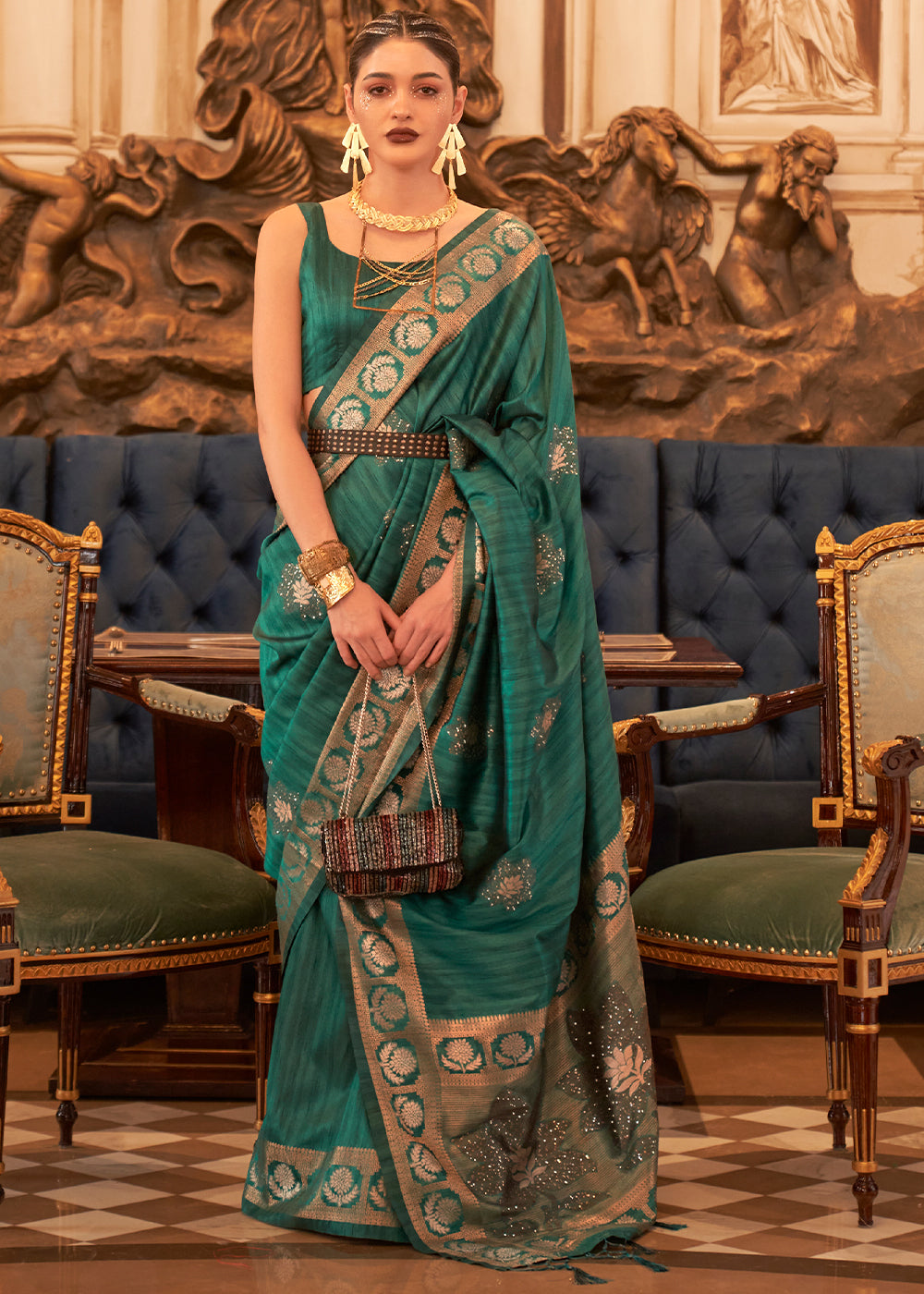 Castleton Green Woven Tussar Silk Saree with Sequins Work - Colorful Saree