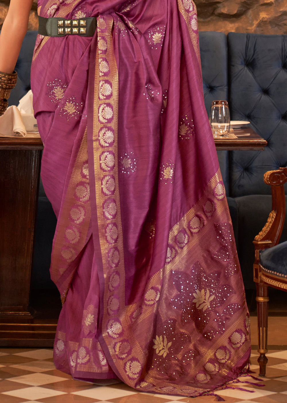 Royal Purple Woven Tussar Silk Saree with Sequins Work - Colorful Saree