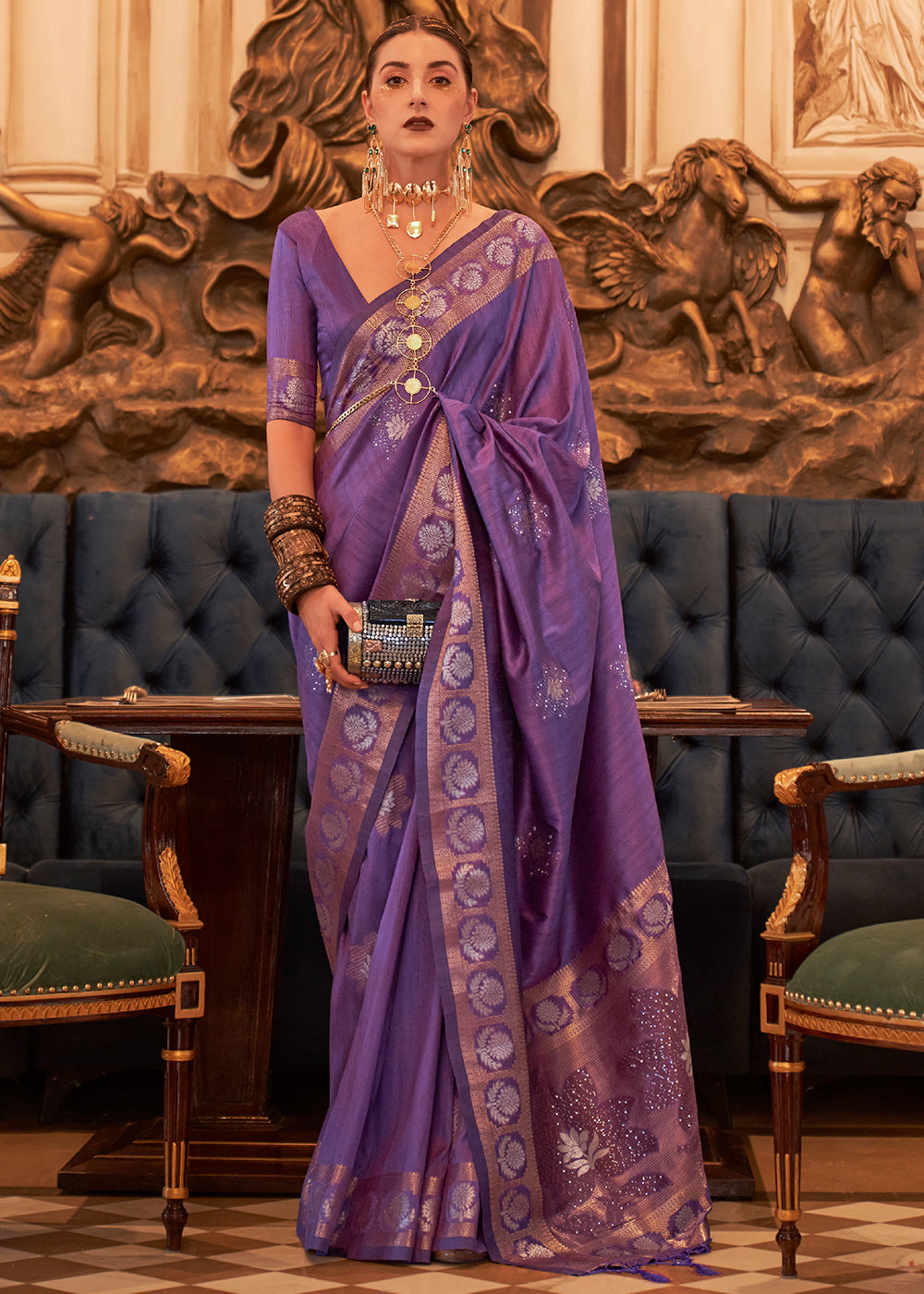 Indigo Purple Woven Tussar Silk Saree with Sequins Work - Colorful Saree