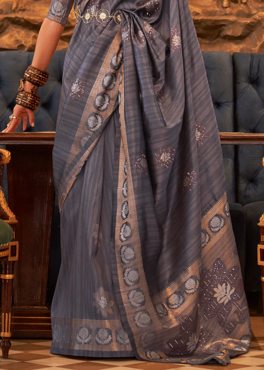 Dark Grey Woven Tussar Silk Saree with Sequins Work - Colorful Saree