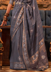 Dark Grey Woven Tussar Silk Saree with Sequins Work - Colorful Saree