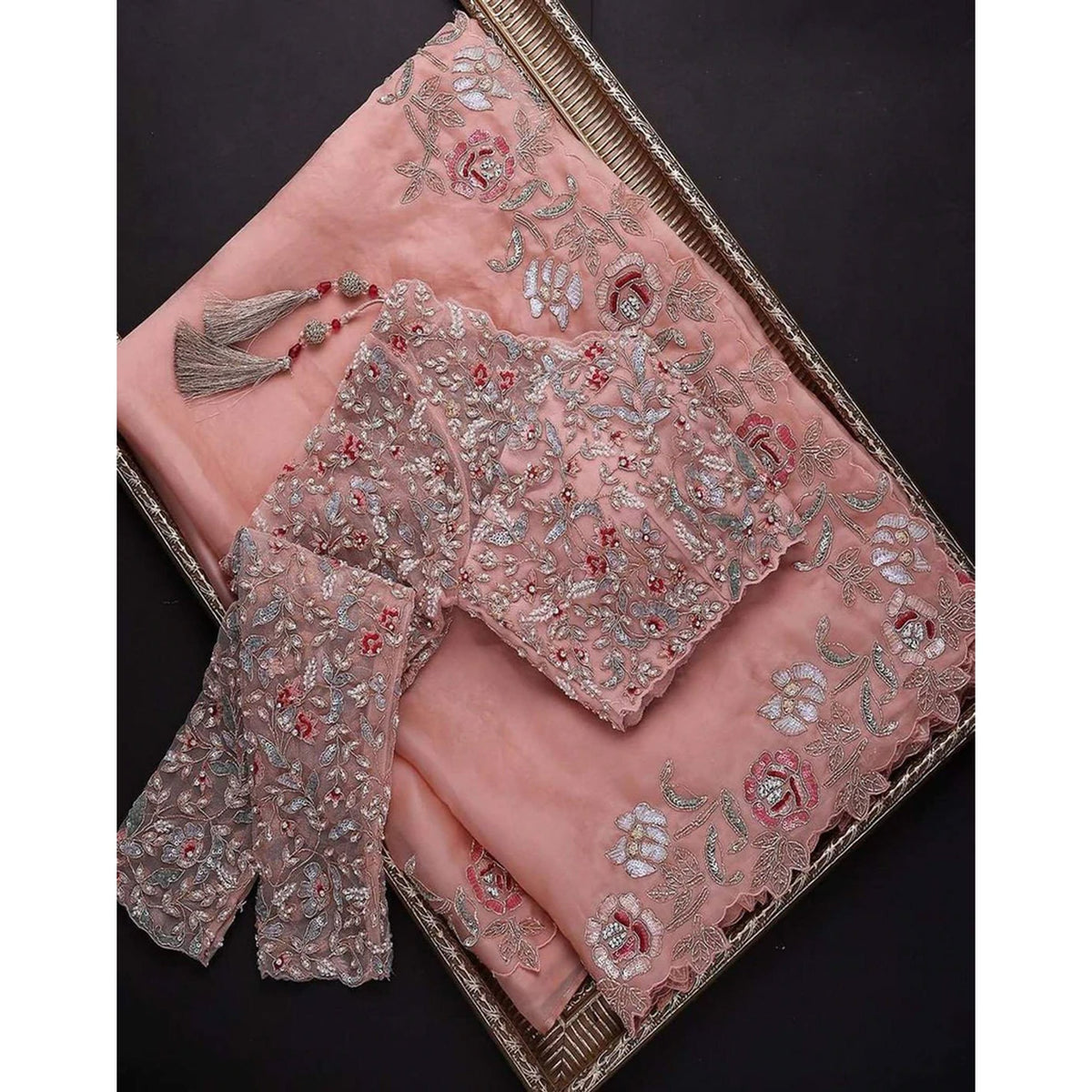 Peach Organza Silk Saree with Sequins, Zari and Thread Embroidery - Colorful Saree