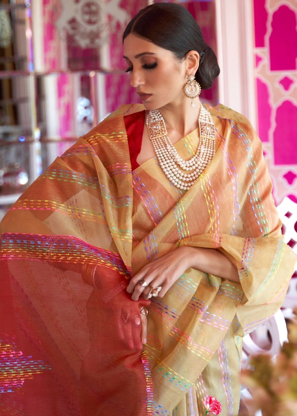 Fawn Silk Multithread Weaving Saree - Colorful Saree