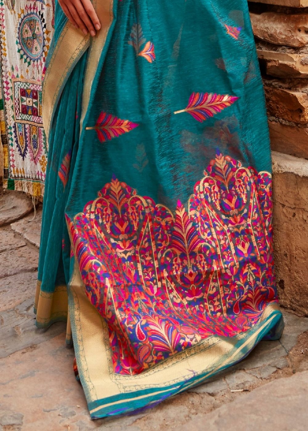 Pine Green Linen Silk Saree with Colorful Weaving work - Colorful Saree