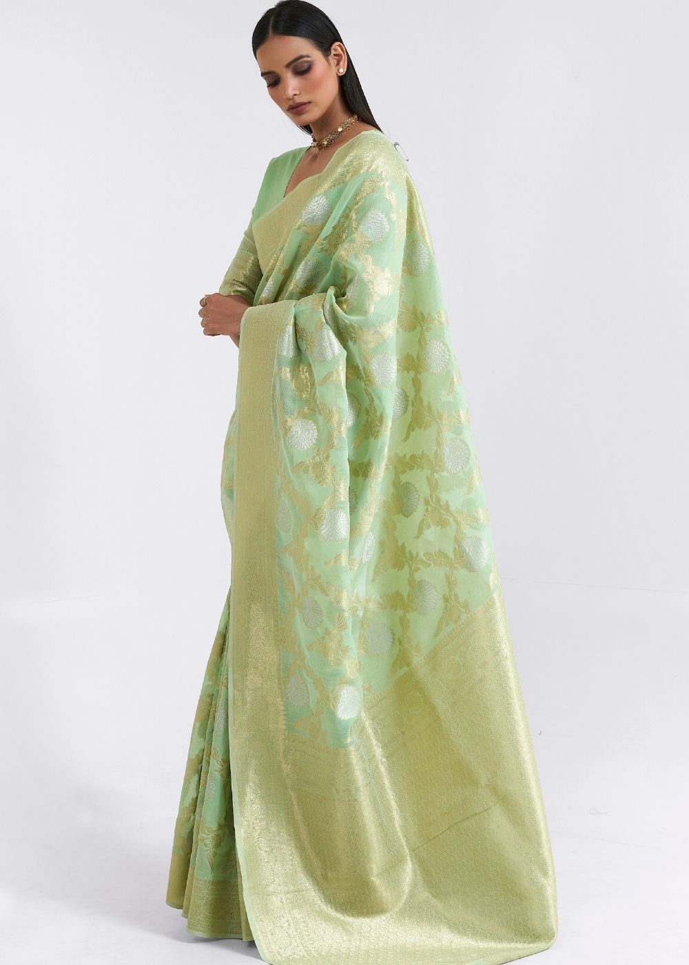 Mint Green Zari Woven Linen Silk Saree - Colorful Saree