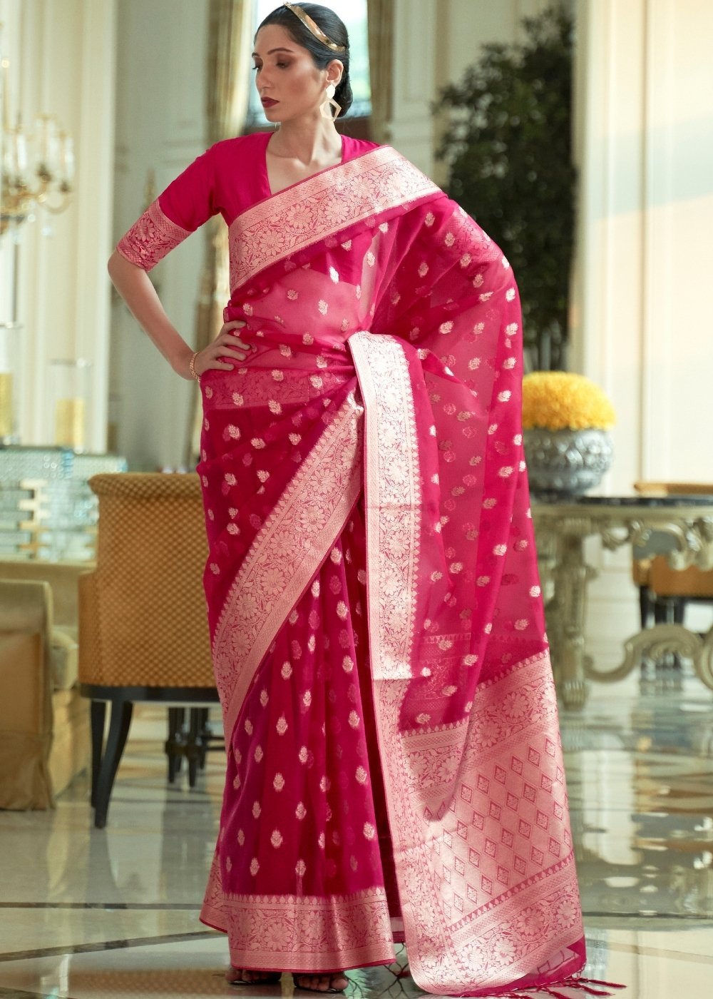 Ruby Pink Zari Woven Organza Silk Saree - Colorful Saree