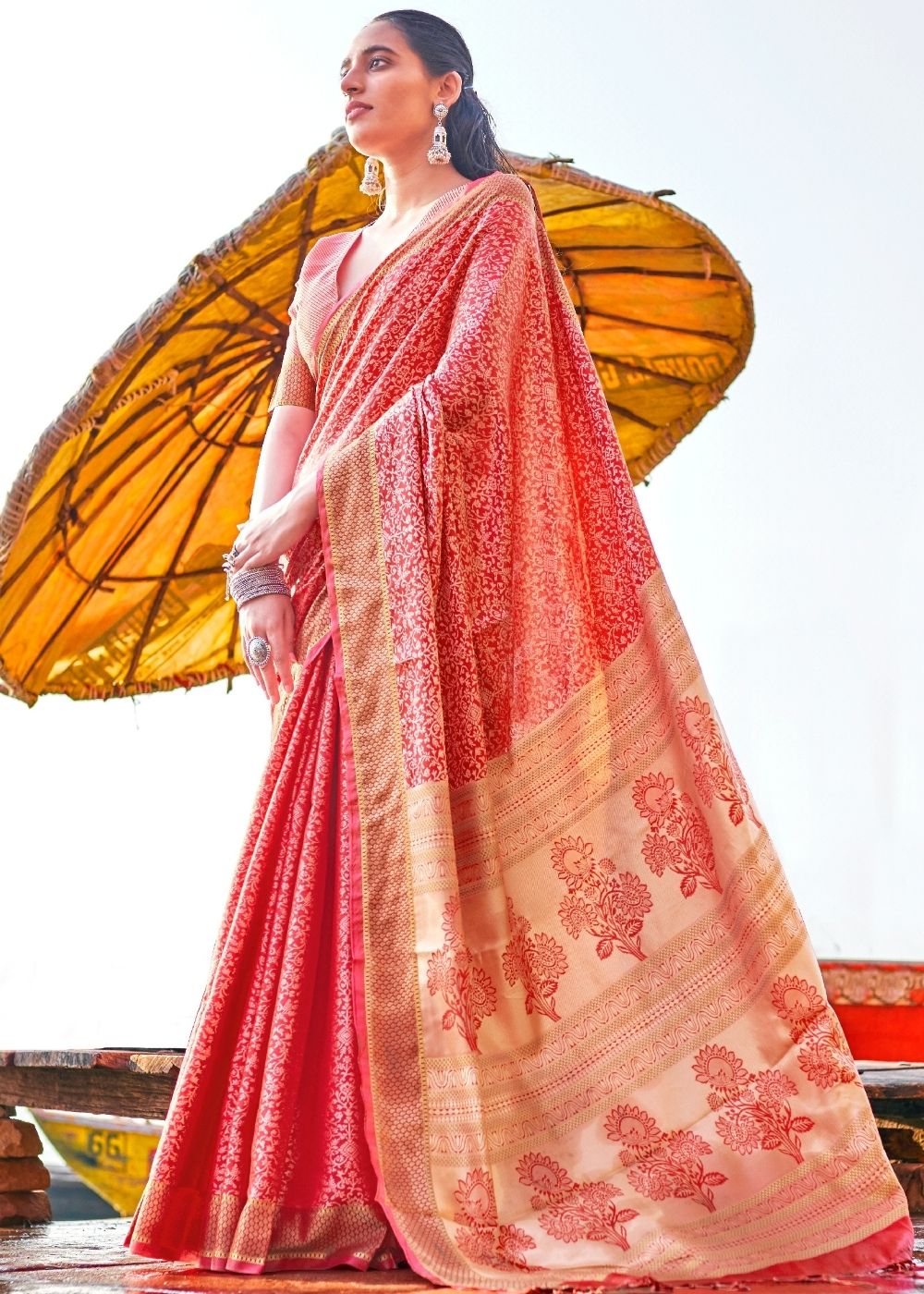 Crimson Red and Golden Blend Banarasi Woven Satin Silk Saree - Colorful Saree