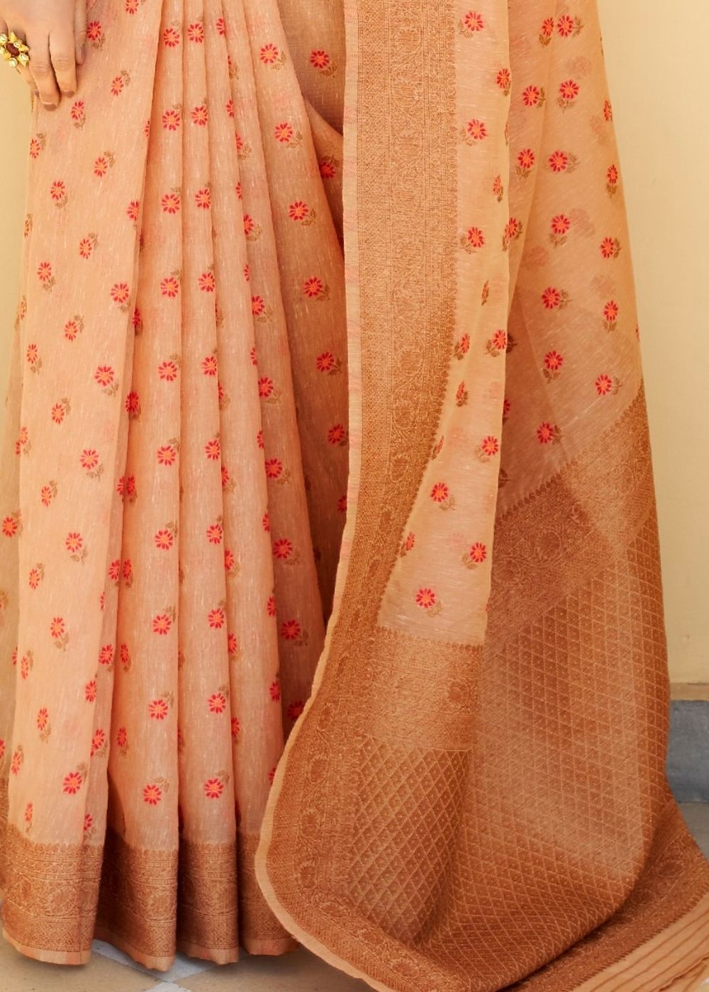 Cantaloupe Orange Pure Linen Woven Silk Saree with Zari work on Border and Pallu - Colorful Saree