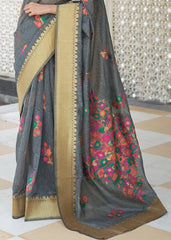 Iron Grey Floral Embroidered Linen Silk Saree - Colorful Saree