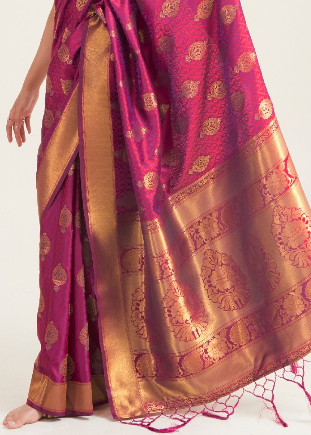 Hibiscus Purple Zari Butta Woven Banasari Silk Saree - Colorful Saree