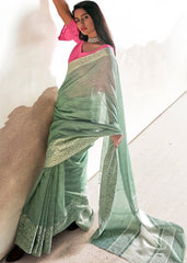 Viridian Green Soft Linen Silk Saree with Lucknowi work and Sequence Blouse - Colorful Saree