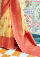 Yellow Woven Linen Silk Saree with Butti overall - Colorful Saree