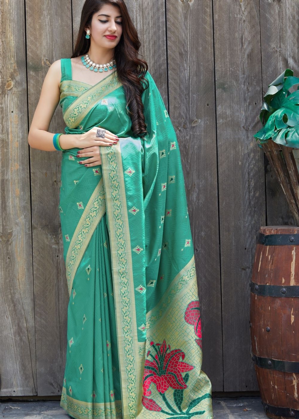 Green Silk Saree with Golden Zari Border - Colorful Saree