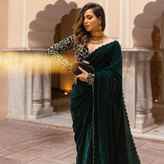 Pure Velvet Designer Green Saree with Heavy Embroidery Work Unstitched Blouse - Colorful Saree