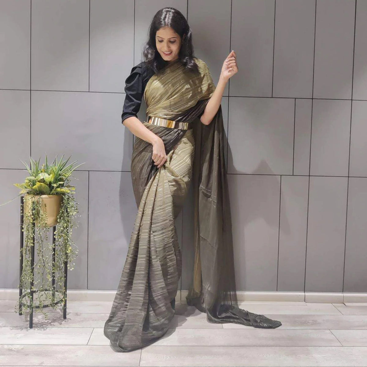 Grey colored Readymade Satin Saree with Patch and Designer Belt