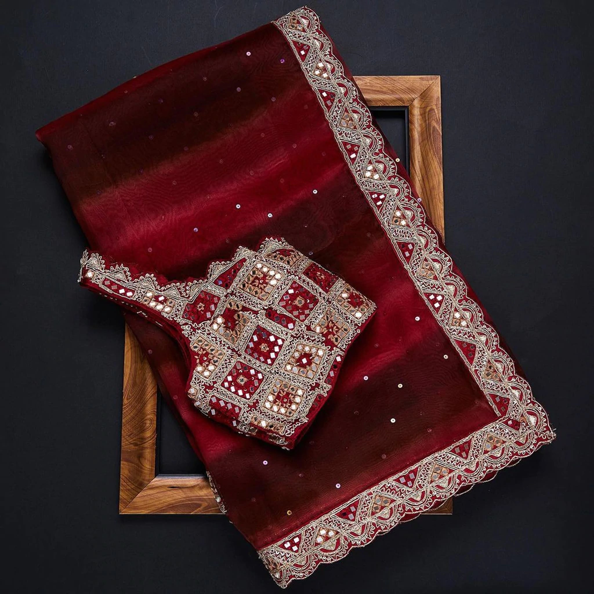 Red Color Organza Saree with Dori, Foil and Thread work - Colorful Saree