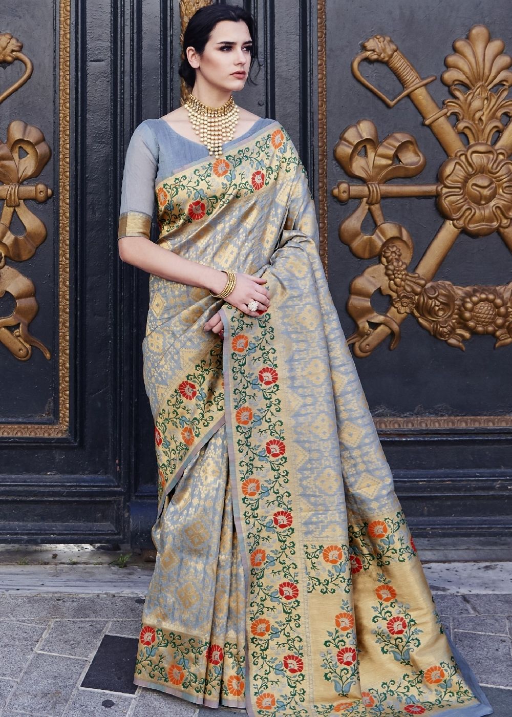 Flint Gray and Golden Blend Silk Saree with Floral Woven Border and Pallu - Colorful Saree