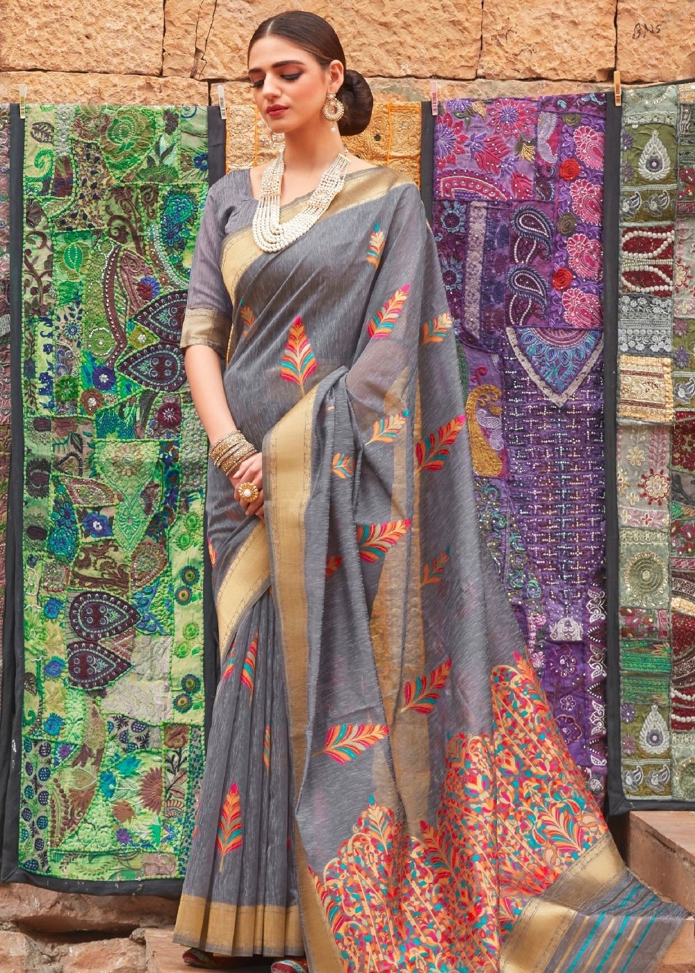 Seal Grey Linen Silk Saree with Colorful Weaving work - Colorful Saree