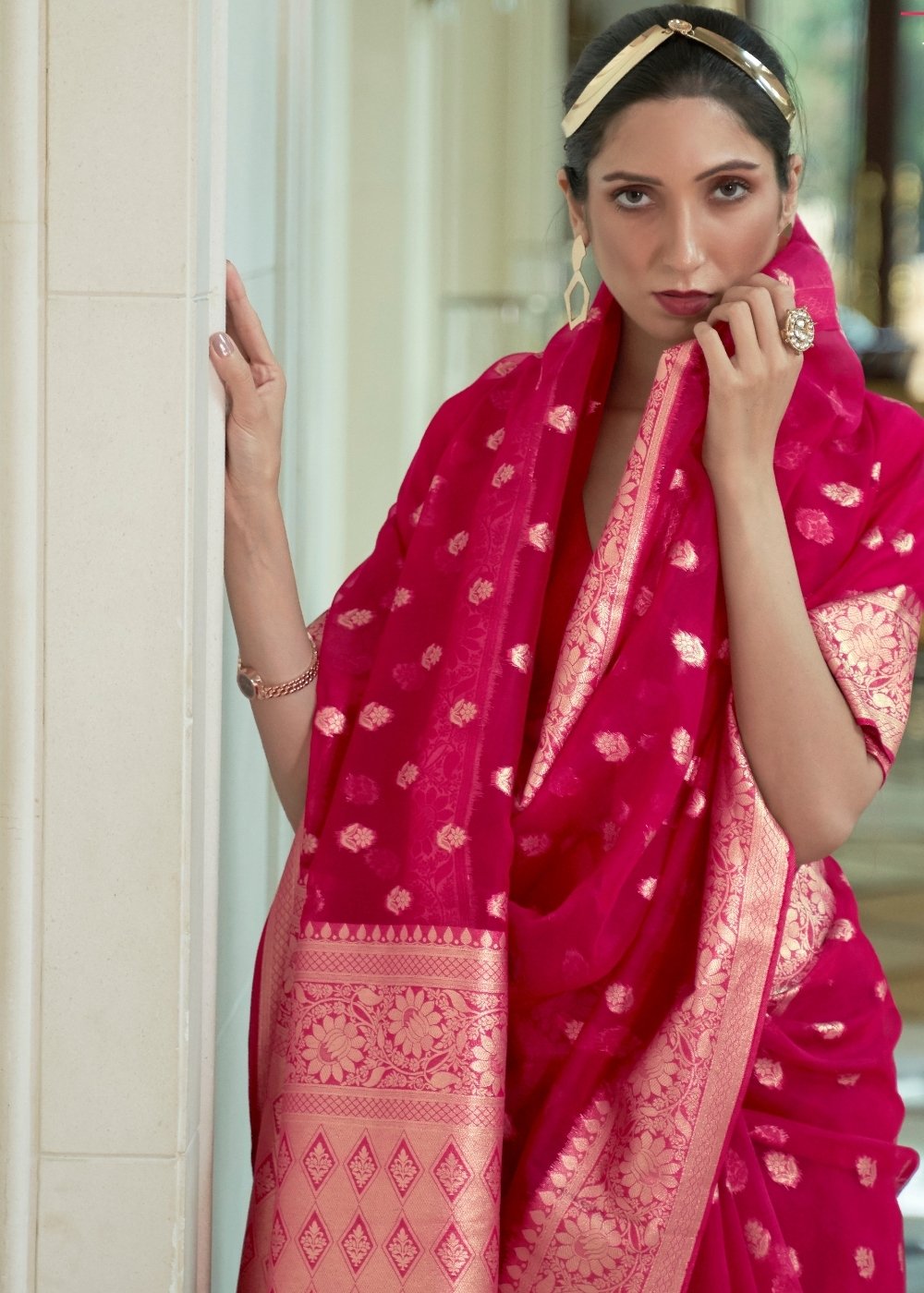 Ruby Pink Zari Woven Organza Silk Saree - Colorful Saree