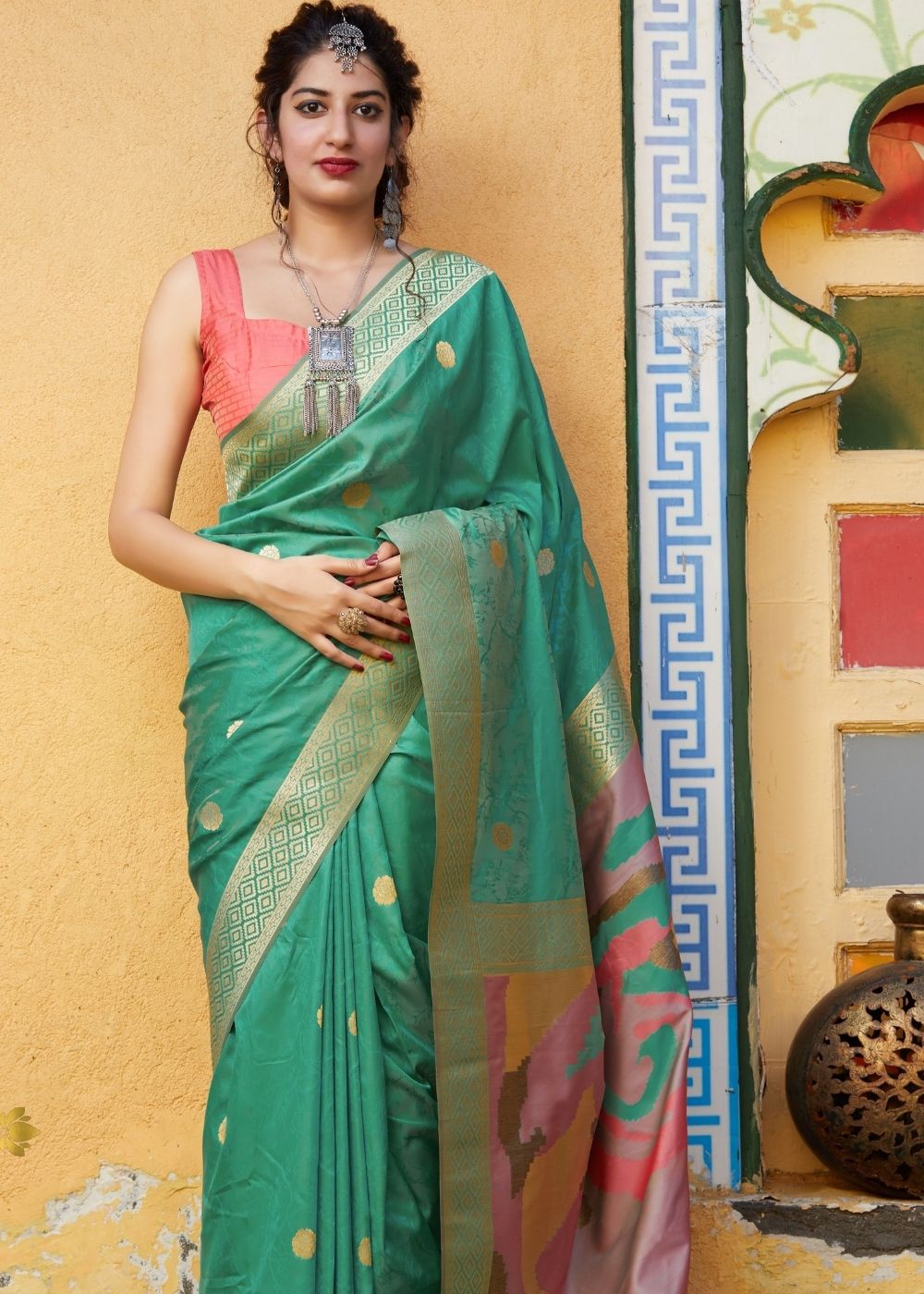 Mint Green Silk Saree with Zari Border and Abstract Digital Print on Pallu - Colorful Saree
