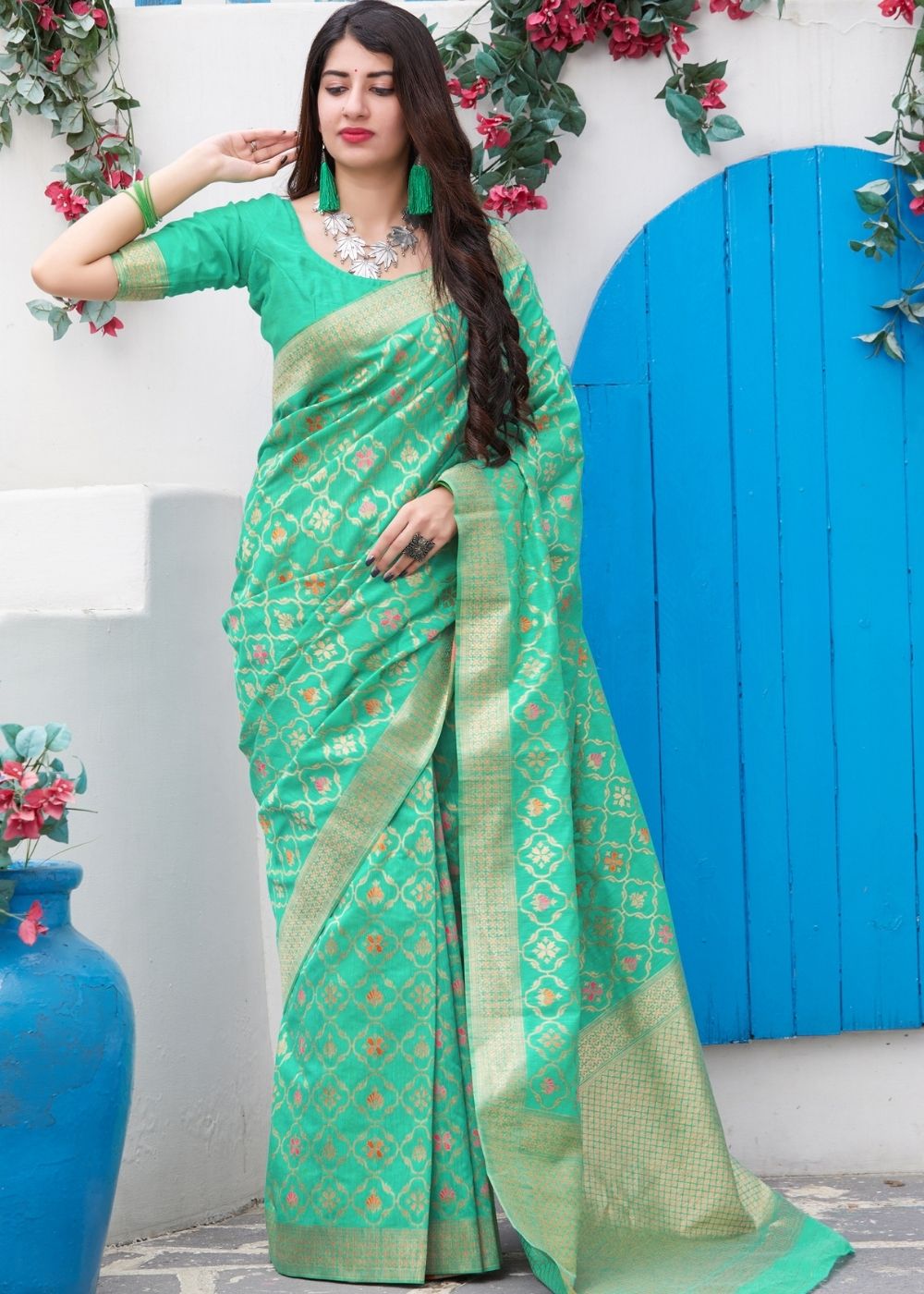 Sea Green Banarasi Cotton Silk Saree - Colorful Saree