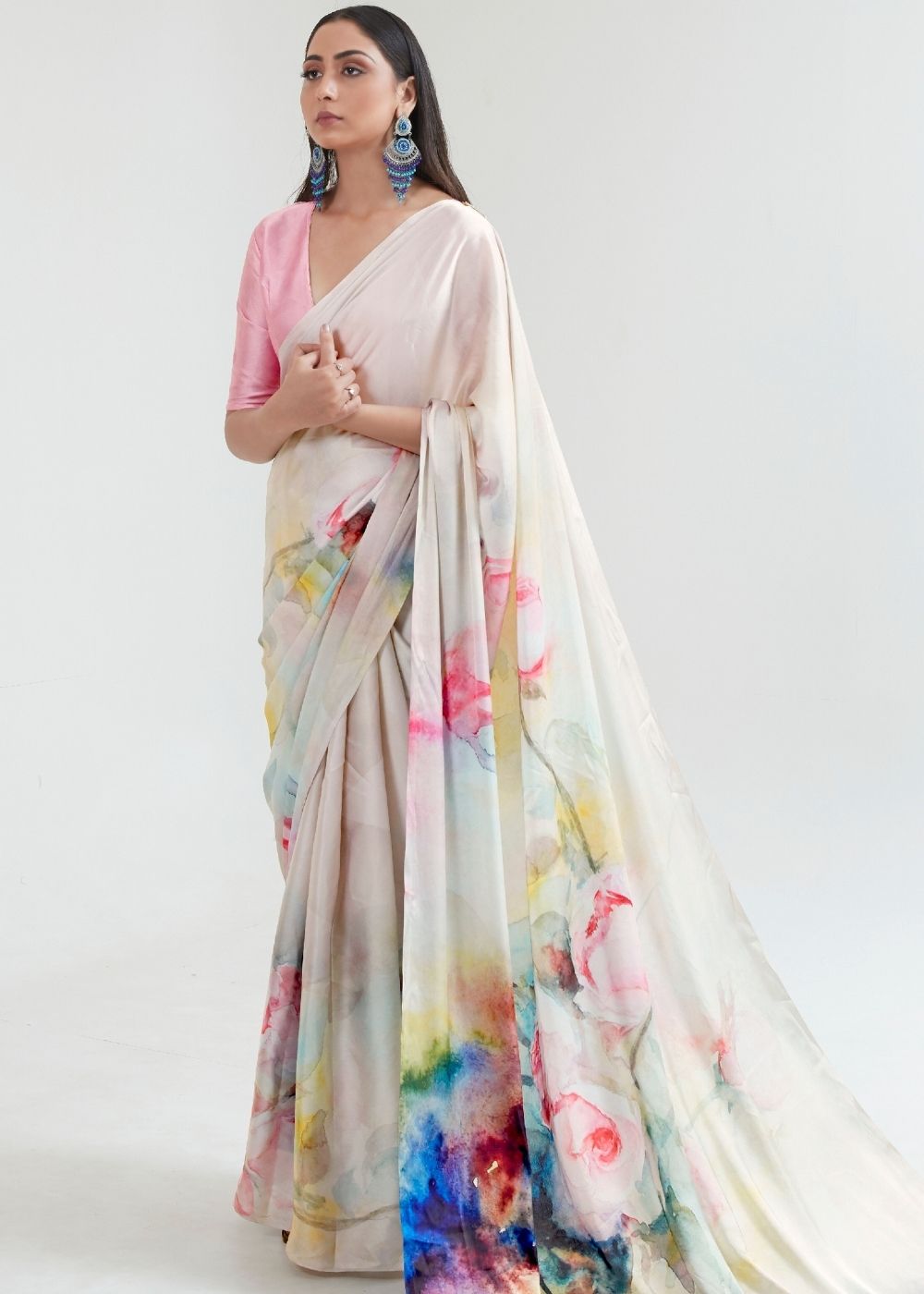 Ivory White Satin Silk Digital Printed Saree - Colorful Saree