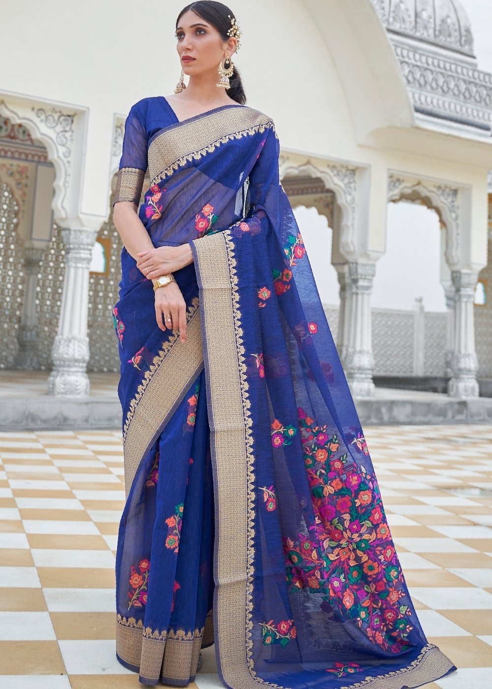 Lapis Blue Floral Embroidered Linen Silk Saree - Colorful Saree