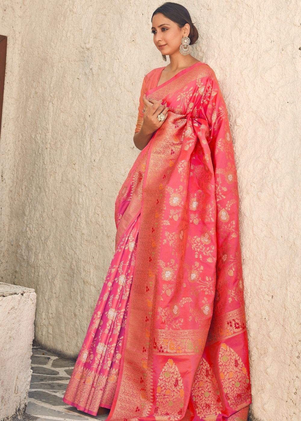 French Rose Pink Zari Woven Banarasi Silk Saree - Colorful Saree