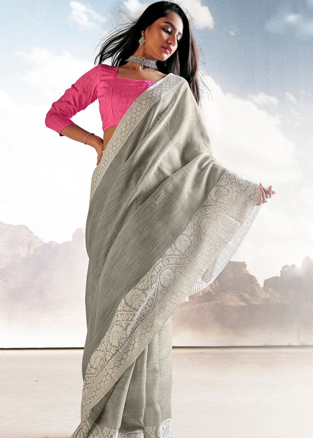 Pewter Grey Soft Linen Silk Saree with Lucknowi work and Sequence Blouse - Colorful Saree