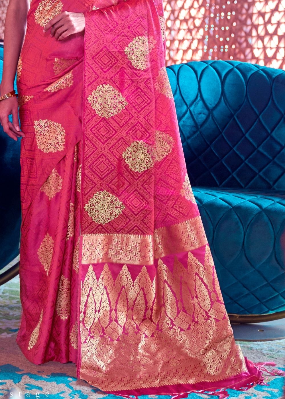 Hot Pink Satin Silk Saree with overall Golden Butti - Colorful Saree