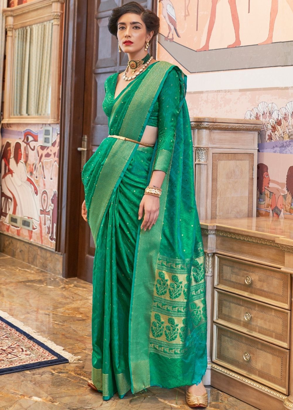 Emerald Green Ultra Soft Kanjivaram Silk Saree with Zari Border and Pallu - Colorful Saree