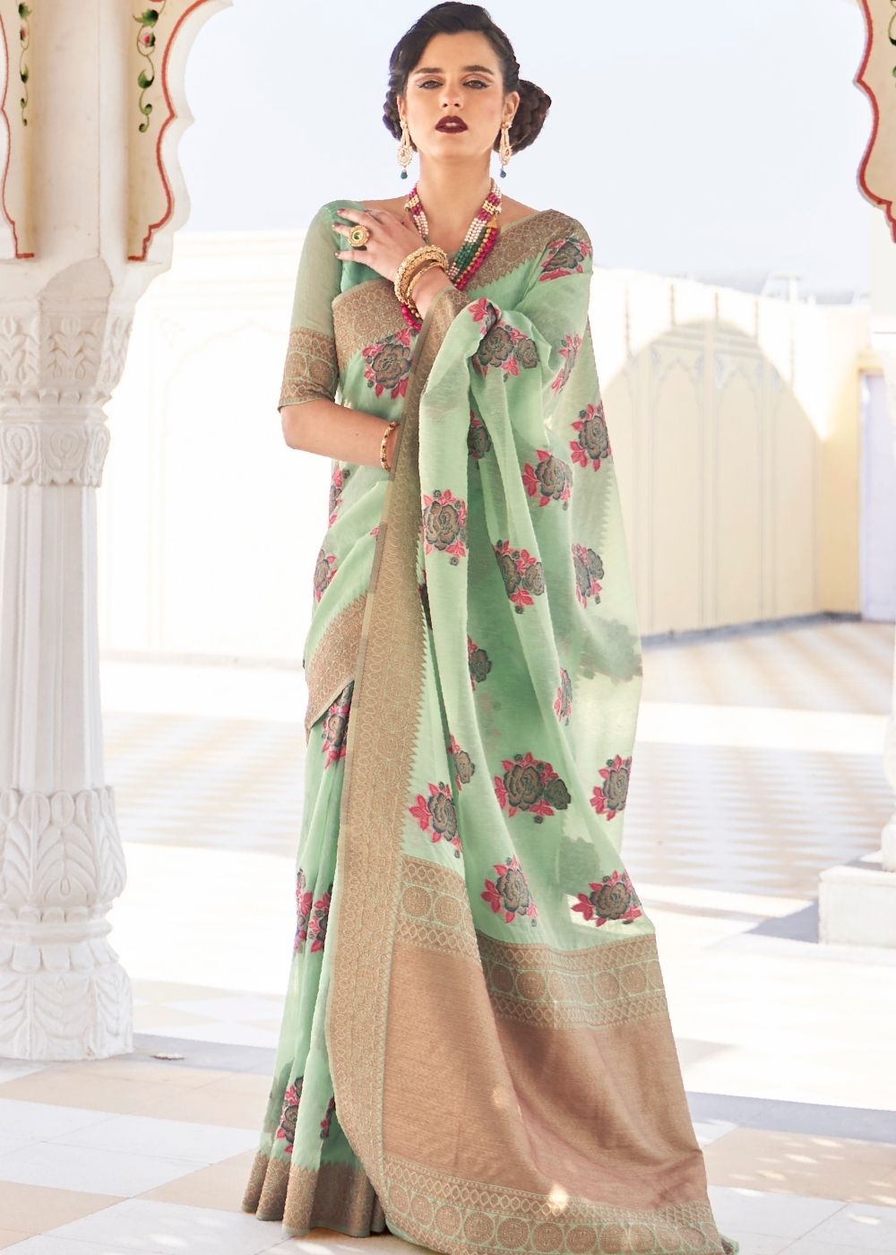 Pastel Green Linen Woven Silk Saree with Zari work on Border and Pallu - Colorful Saree