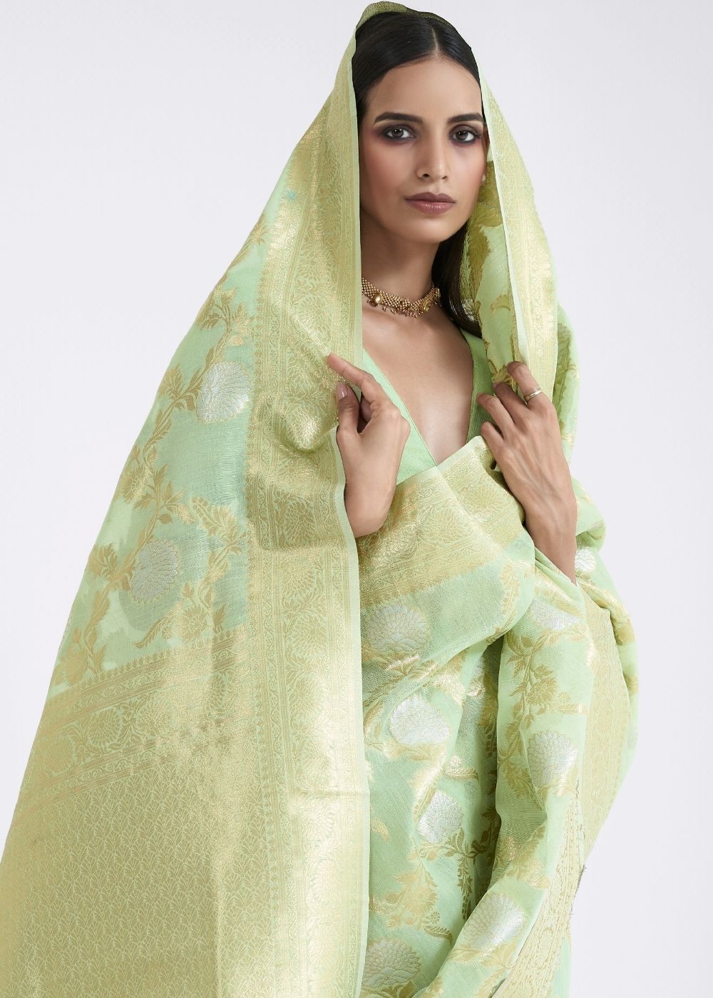 Mint Green Zari Woven Linen Silk Saree - Colorful Saree