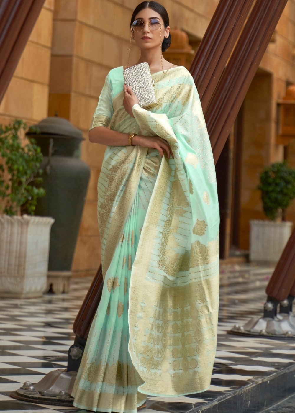 Mint Green Zari Woven Silk Saree with Sequins work - Colorful Saree