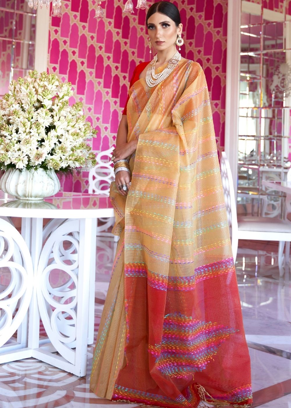 Fawn Silk Multithread Weaving Saree - Colorful Saree