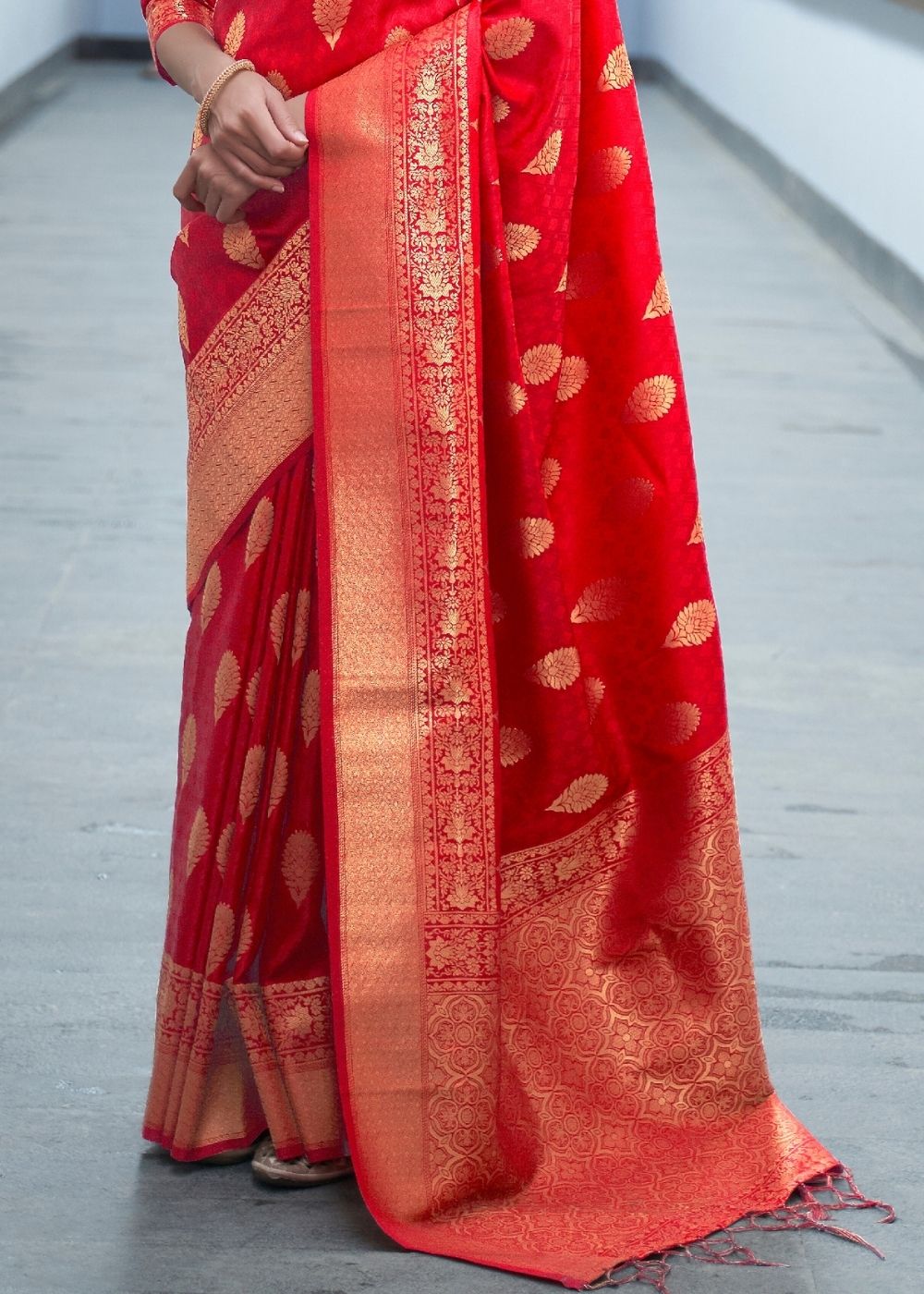 Crimson Red Woven Banarasi Silk Saree with overall Butti - Colorful Saree